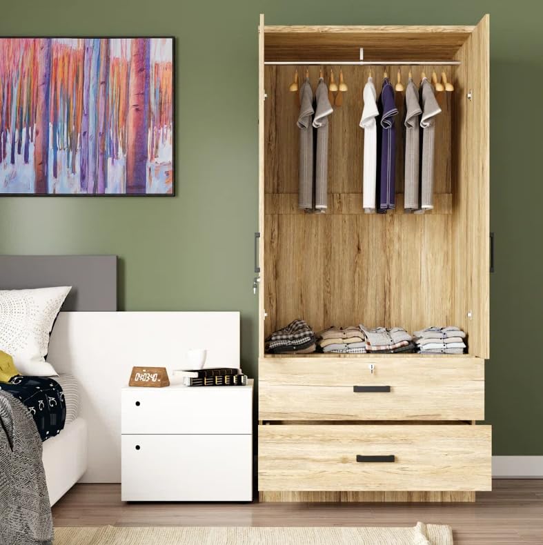 Woodpeckers Furniture And Mattress Mirrored 2 Doors Wardrobe & 2 Drawers 72&quot; Tall (Natural Oak)
