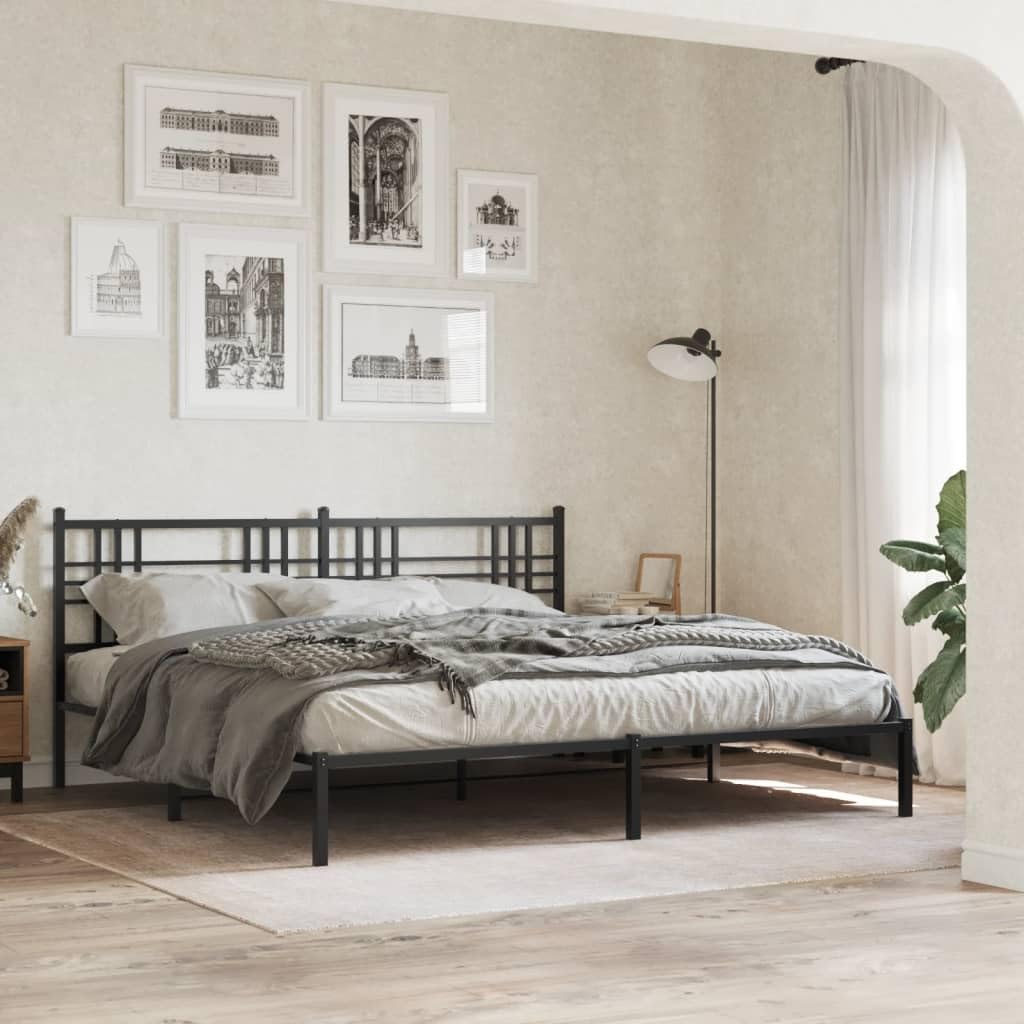 vidaXL Metal Bed Frame King Size with Headboard - Black Powder-Coated Steel - 76"x79.9" - Breathable Mattress Support