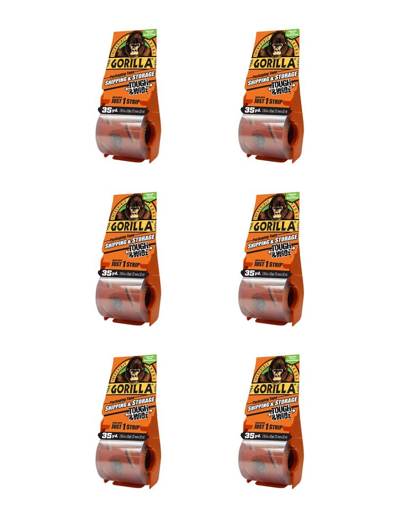 Gorilla Packing Tape Tough & Wide With Dispenser For Moving, Shipping And Storage, 2.83' X 35 Yd, Clear, (Pack Of 6)