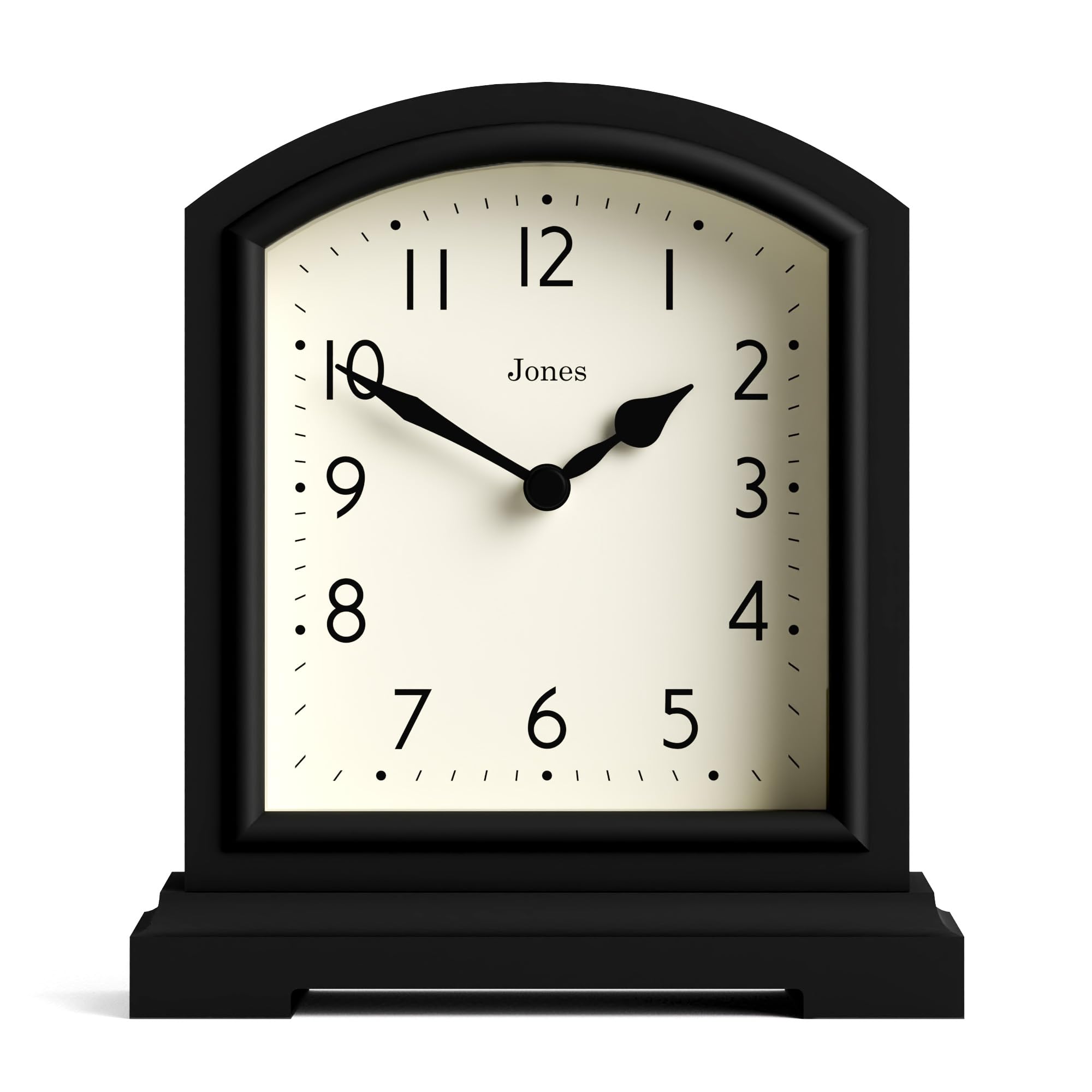 JONES CLOCKS Tavern Mantel Clock | Modern Arch top Design | Black | Contemporary Classic Style for Desk, Table, Shelf or Bedside