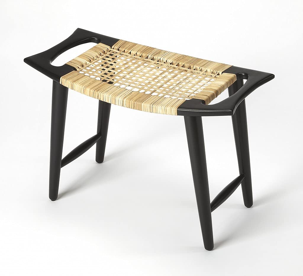 HomeRoots Mango Wood Solids, Woven Cane Black and Natural Cane Woven Stool