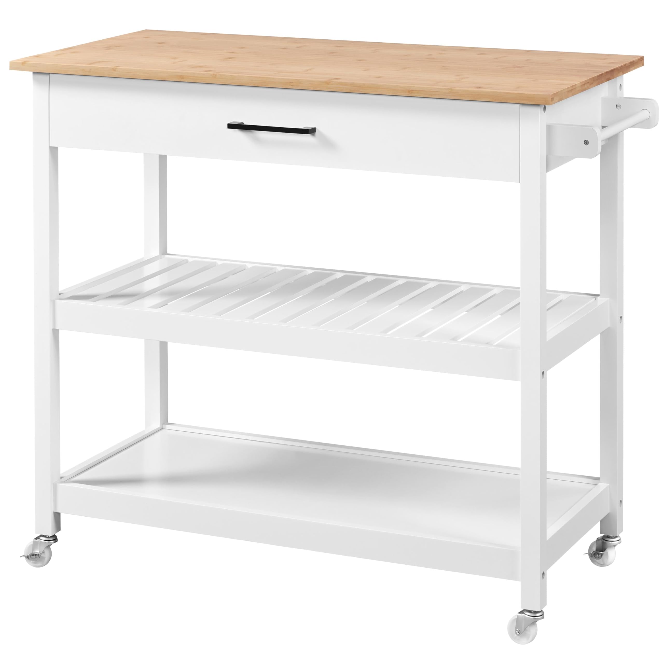 Yaheetech 40' Width Kitchen Island Cart On Wheels, 3 Tiers Rolling Utility Cart With Solid Wood Top And Drawer & 2 Spacious Storage Shelf, Serving Trolley For Dining Room, White