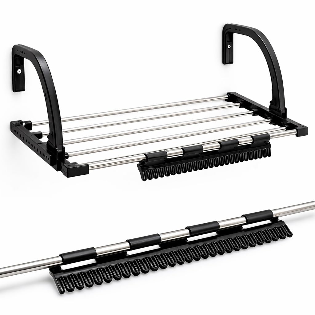 HEEJ Foldable Clothes Drying Rack, Stainless Steel Rods, Wall Mounted, Black, Balcony Laundry Hanger with Hooks (Multicolor)