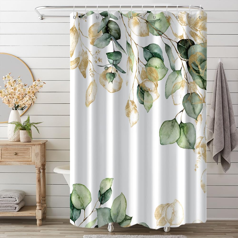 Ruelvth Sage Green Eucalyptus Shower Curtain, Green And Gold Leaves Shower Curtain For Bathroom Waterproof Fabric Spring Botanic