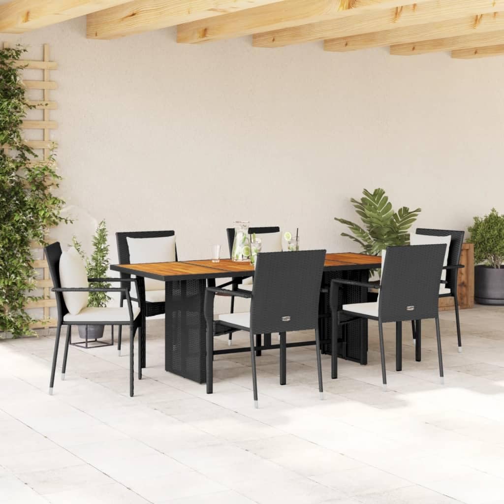 vidaXL 7 Piece Patio Dining Set - Black Poly Rattan, Acacia Wood Tabletop, Cushions Included, Weather-Resistant, Outdoor Furniture for Garden, Patio, Backyard