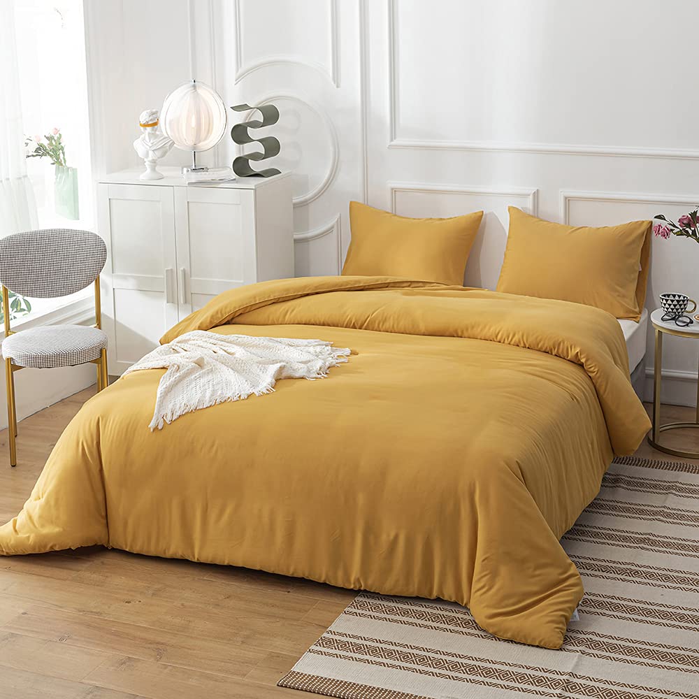 Clothknow Mustard Yellow Full Size Comforter Set 3Pcs Dark Yellow Bedding Comforter Sets Turmeric Comforter Soft Yellow Comforte