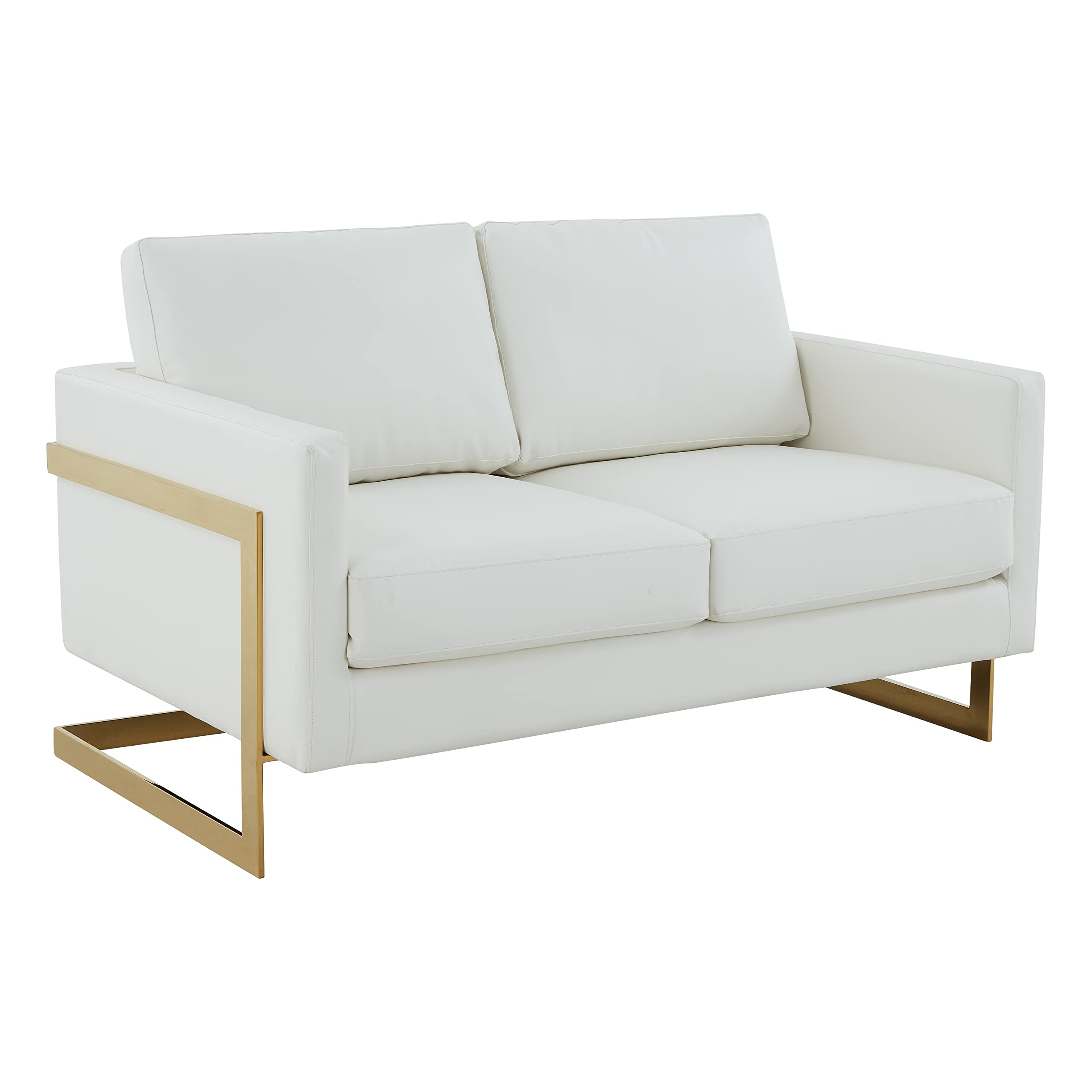 Leisuremod Lincoln Modern Mid-Century Upholstered Leather Loveseat With Gold Frame, White