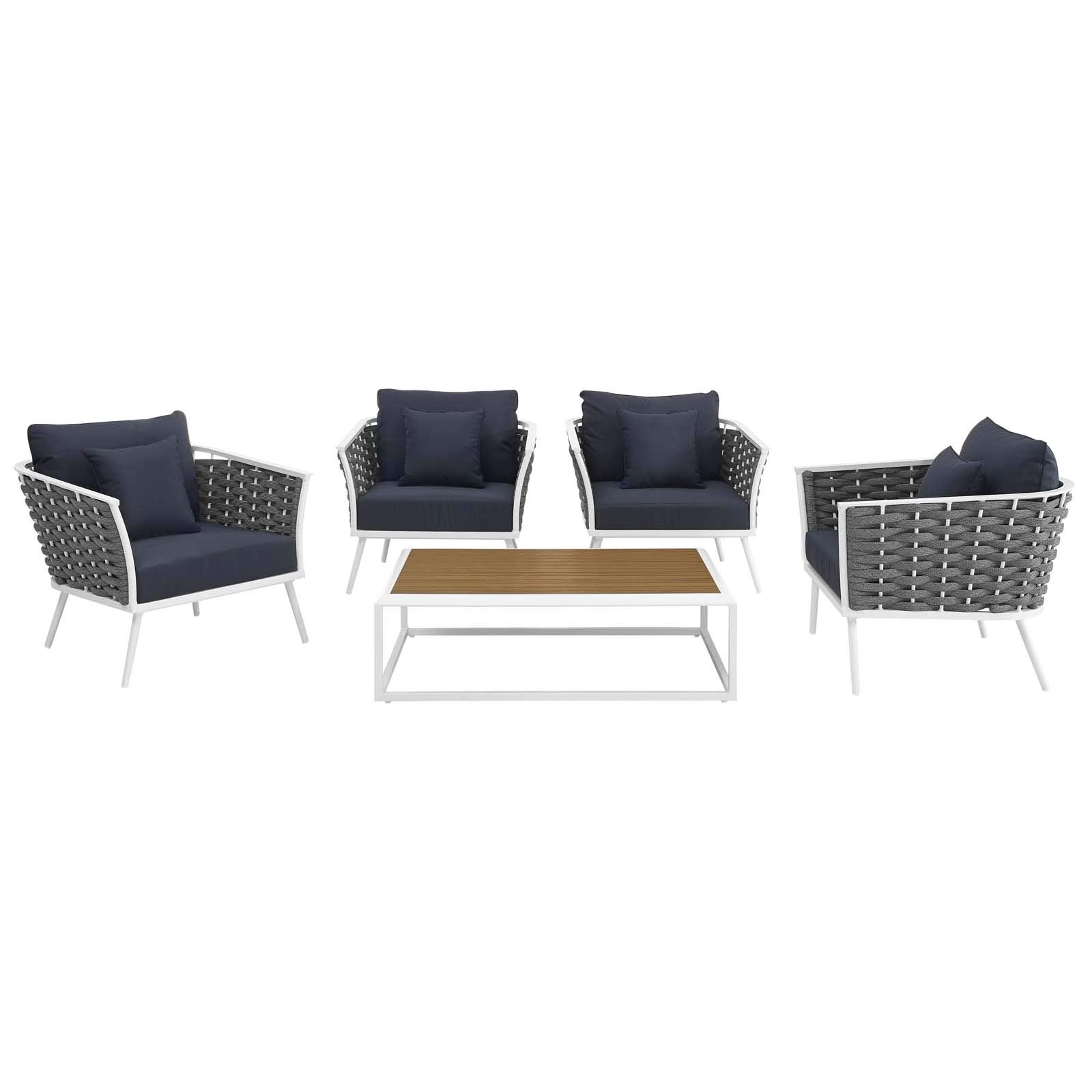 Modway Stance Outdoor Patio Aluminum Sectional Sofa Set, 5 Piece, White Navy