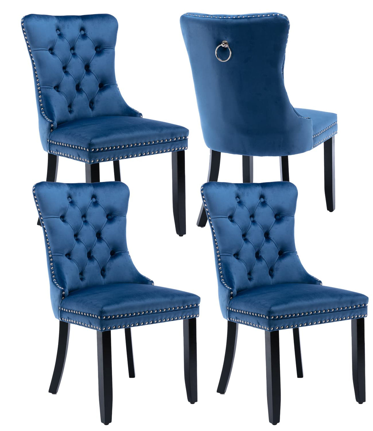 Upholstered Dining Chairs Set Of 4, Velvet Dining Room Chairs With Back Ring Pull Trim And Solid Wood Legs, Tufted Wingback Kitc