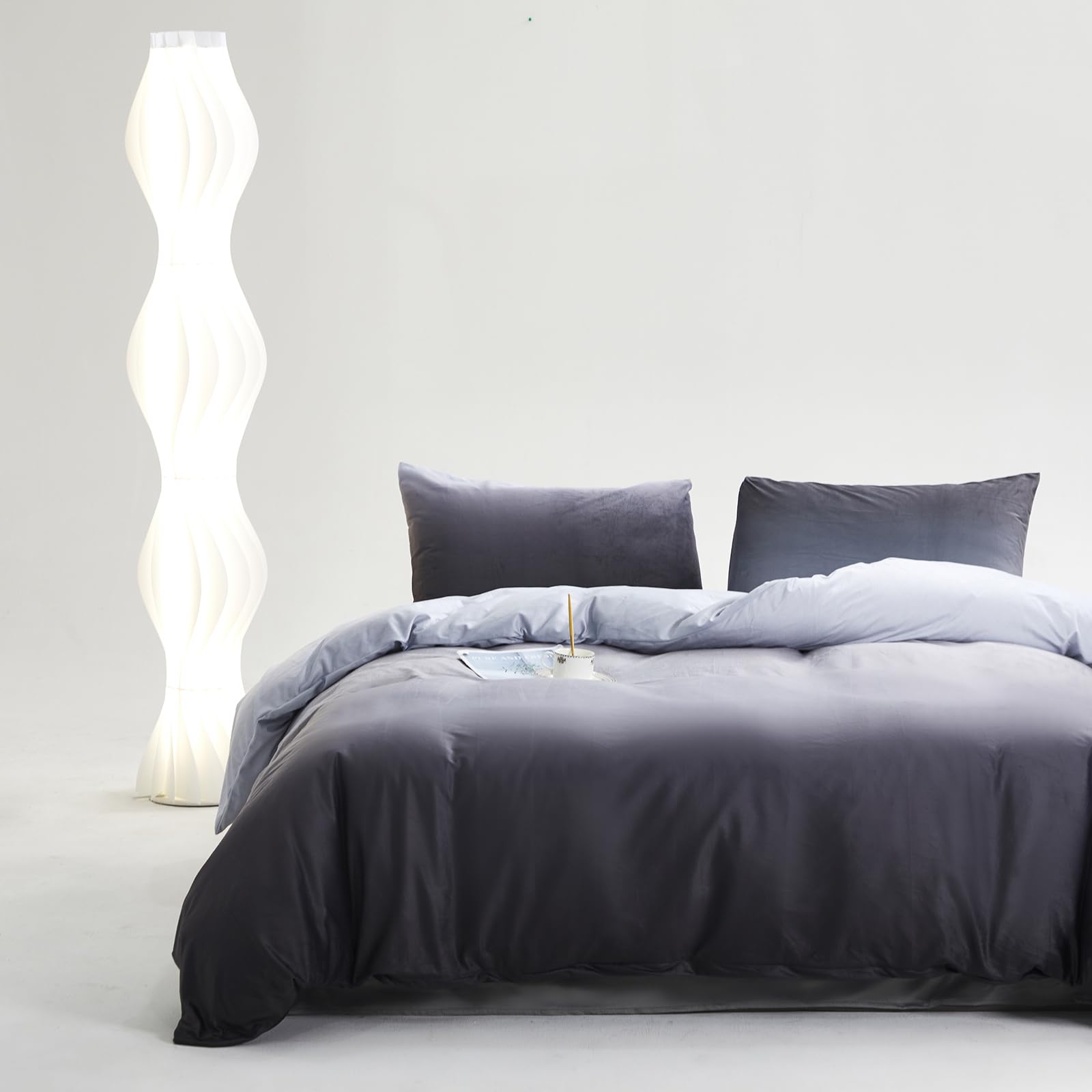 Karever Gray White Gradient Comforter Set Full Gray Velvet Bedding Comforter Modern Plain White And Deep Gray Gradient Soft Quil