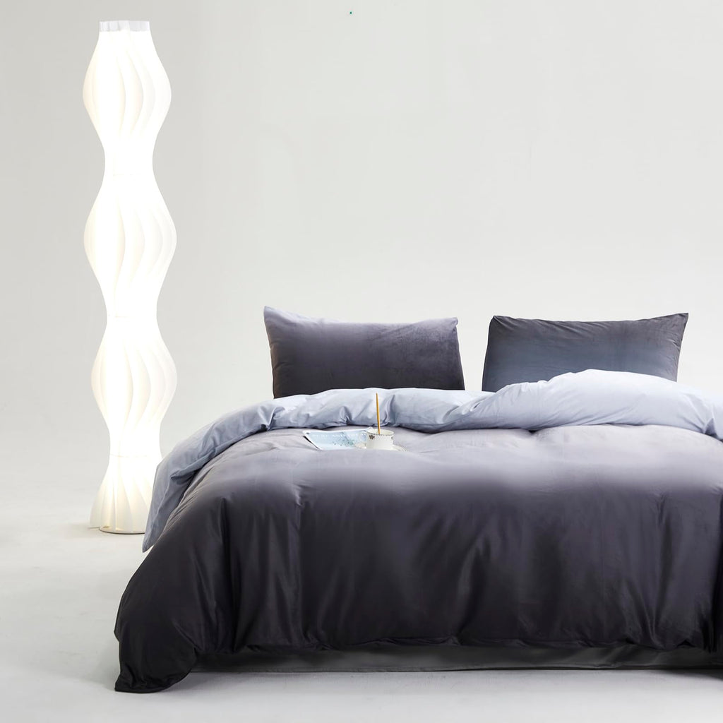 Karever Gray White Gradient Comforter Set King Gray Velvet Bedding Comforter Modern Plain White And Deep Gray Gradient Soft Quil