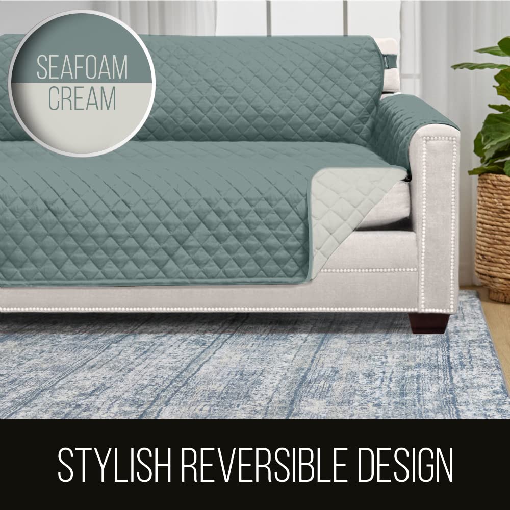 Sofa Shield Patented Recliner Slip Cover, Large Cushion Protector, Reversible Stain And Dog Tear Resistant Slipcover, Quilted Microfiber 28” Seat, Washable Covers For Dogs Pets Kids, Seafoam Cream