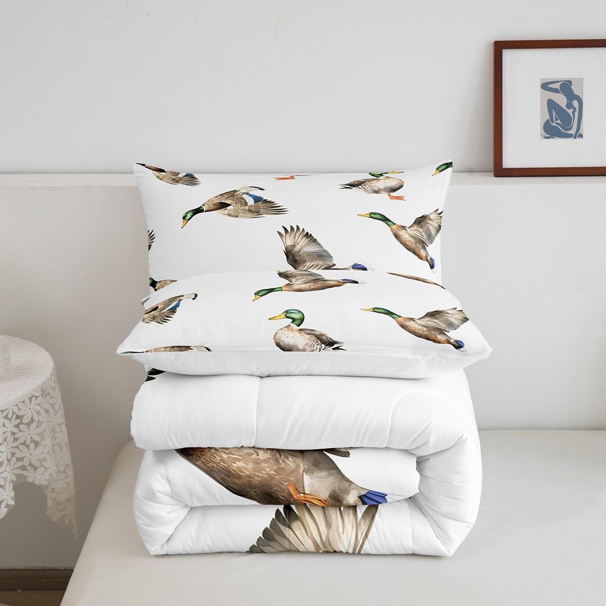 Feelyou Mallard Duck Bedding Set Hunting And Fishing Comforter Set Wild Animal Comforter For Boys Girls Kids Wildlife White Duve