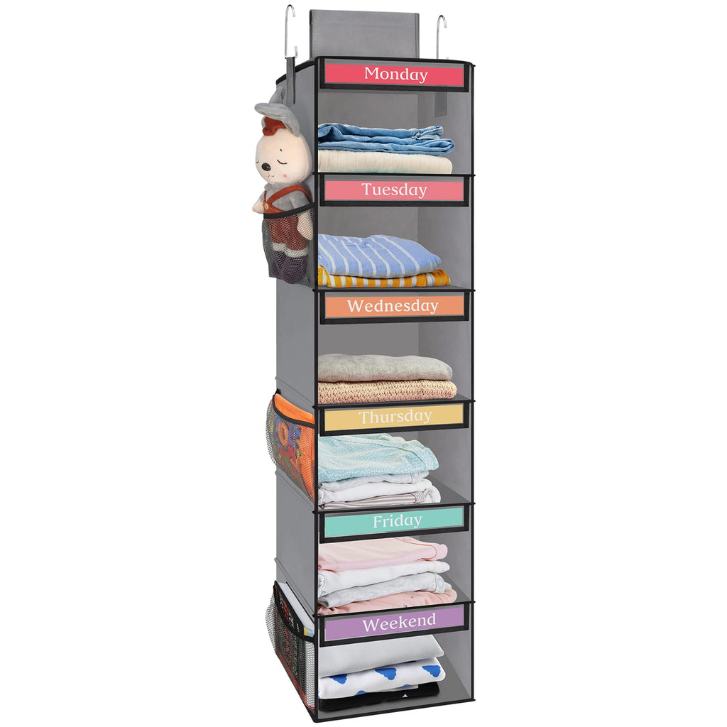 Fixwal 6-Shelf Weekly Hanging Closet Organizer for Kids with 6 Side Pockets, Weekday Kids Clothes Organizers Monday Through Frid