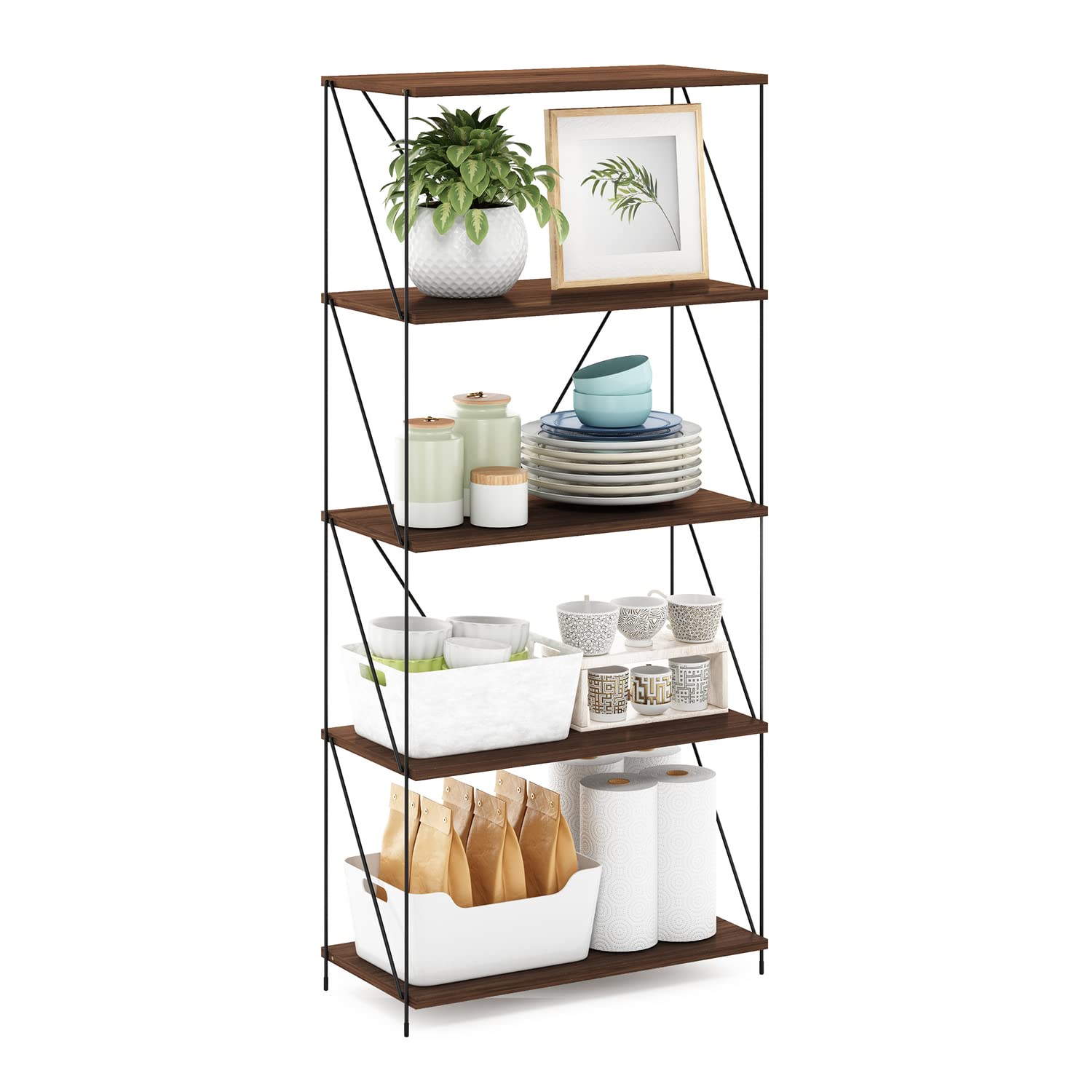 Furinno Besi 5-Tier Industrial Multipurpose Shelf Display Rack with Metal Frame, Wide, Walnut Cove
