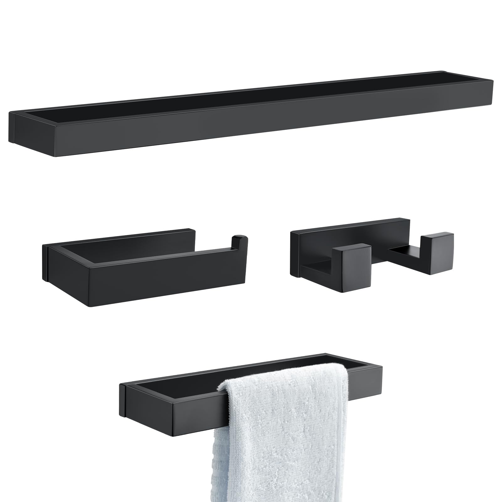 TNOMS Black Towel Bar Set, 4-Pieces Bathroom Hardware Set Modern Bathroom Towel Holder Set SUS304 Stainless Steel Wall Mounted T