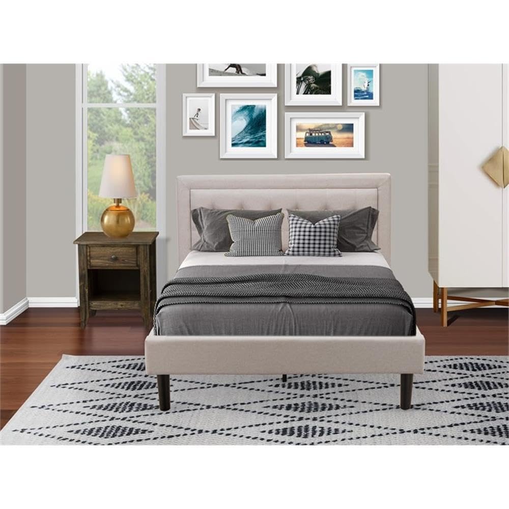 East West Furniture FN08F-1GA07 2-Pc Platform Bedroom Furniture Set with 1 Wood Bed Frame and a Bedroom Nightstand - Reliable and Durable Manufacturing - Mist Beige Linen Fabric