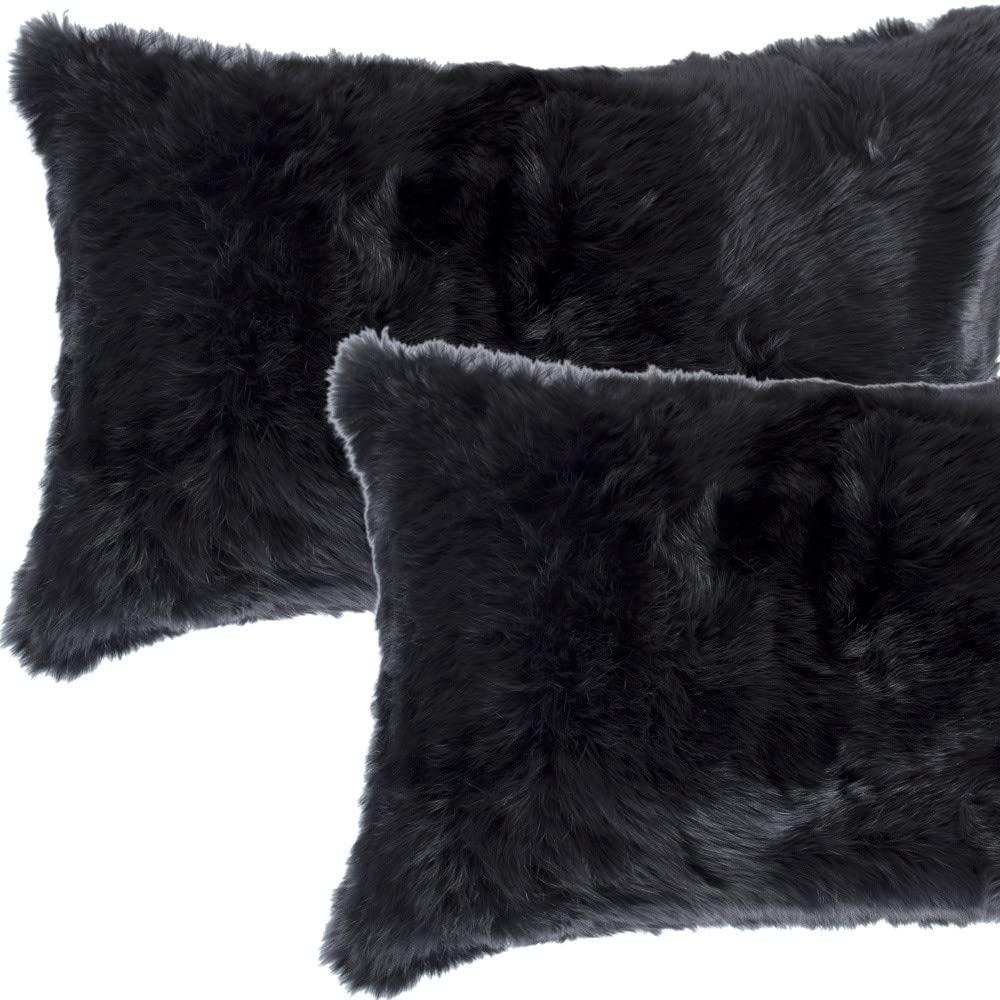 HomeRoots 100% Natural Rabbit Fur and Microsuede Set of Two 12' X 20' Black Rabbit Natural Fur Throw Pillows