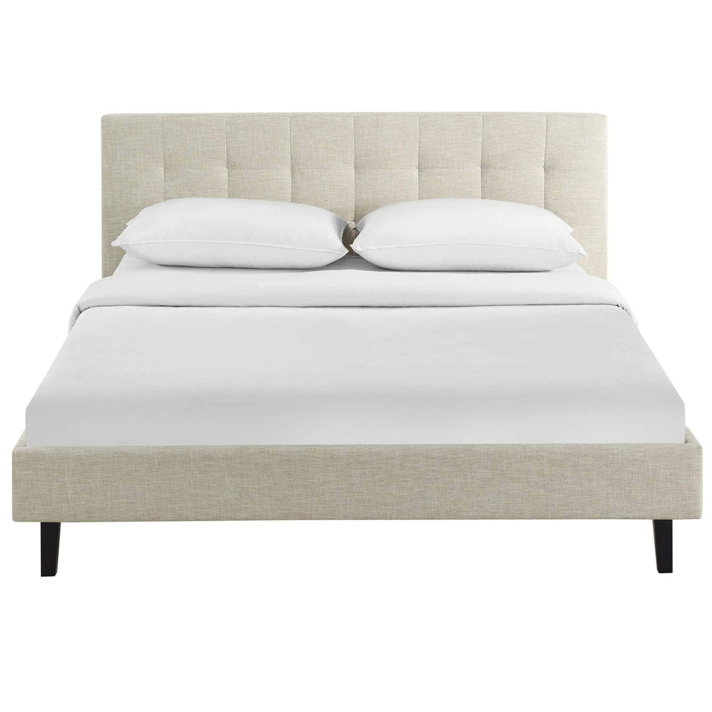 CasaFoyer  Linnea Platform Bed | Elegant Upholstered Full Bed | Tufted Headboard | Wood Legs | Slatted Support System | Beige