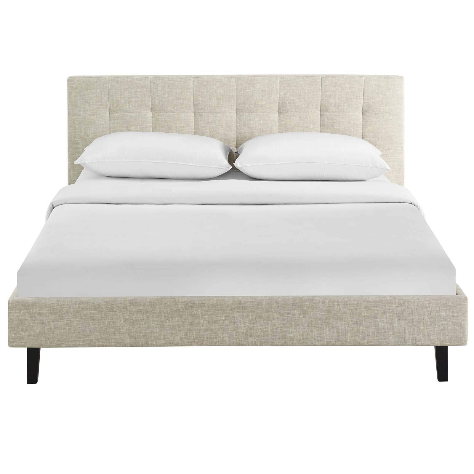 CasaFoyer  Linnea Platform Bed | Elegant Upholstered Full Bed | Tufted Headboard | Wood Legs | Slatted Support System | Beige