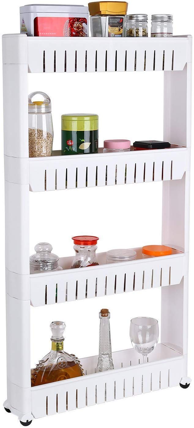Famous Shop Plastic 4 Tier Space Saving Storage Organizer Slim Rack Shelf With Wheels || Slim Slide Out Kitchen Trolley Rack Hol
