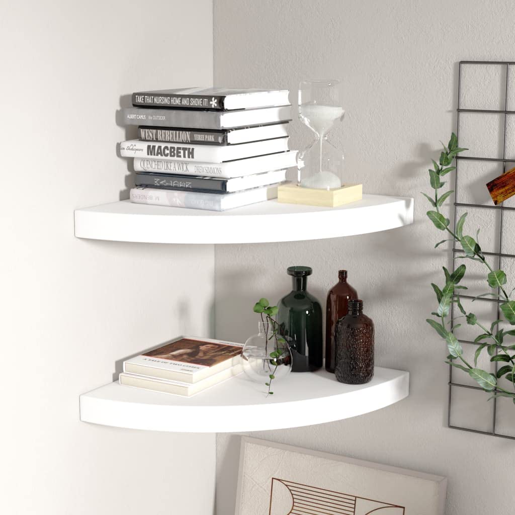 vidaXL Set of 2 Modern Floating Corner Shelves in White, 13.8&quot;x13.8&quot;x1.5&quot; | Resistant Honeycomb MDF and Metal | for Books, Decoratives, Awards