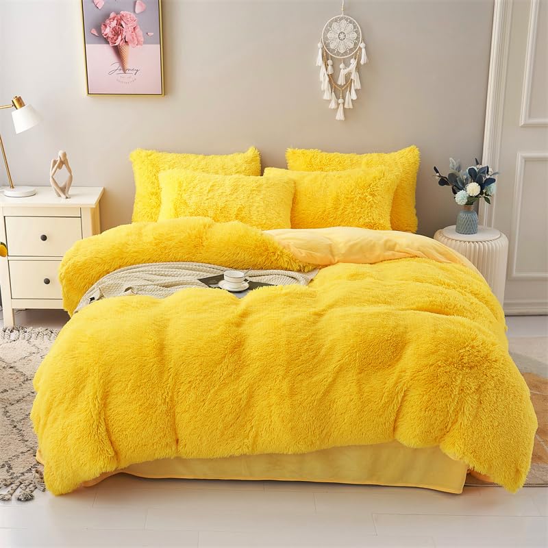 Chovy Faux Fur Plush Bright Yellow Comforter Sets Twin - Ultra Soft Shaggy Flannel Velvet Fluffy Fuzzy 3Pc Bedding Set (Comforte