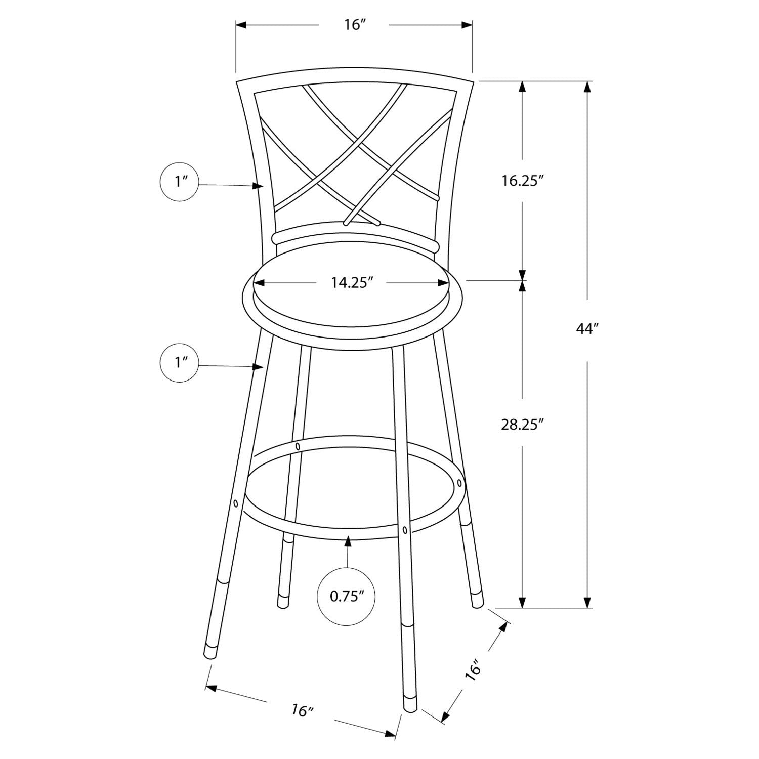Monarch Specialties 2375 Stool, Set of 2, Swivel, Bar Height, Metal, Pu Leather Look, Black, Contemporary, Modern Barstool, 16' L x 16' W x 44' H