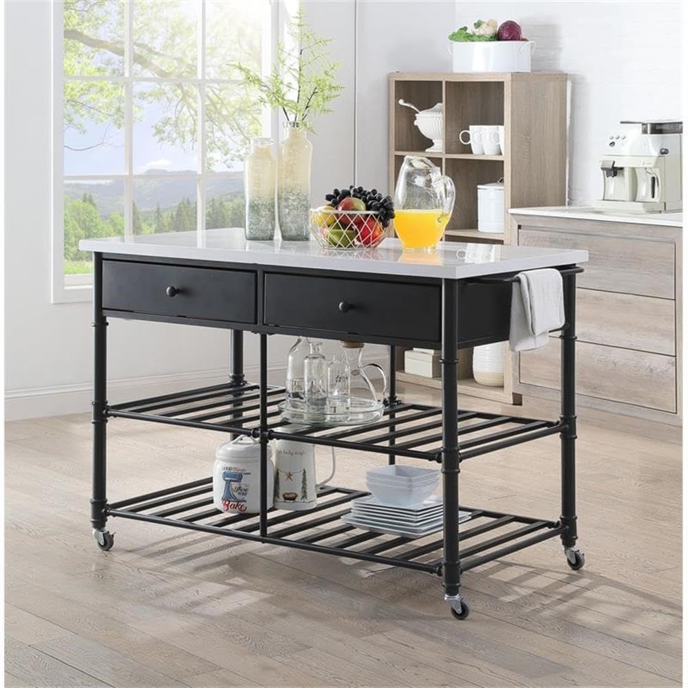 Acme Emery Artificial Stone Top 2-Drawer Kitchen Island in White and Gray