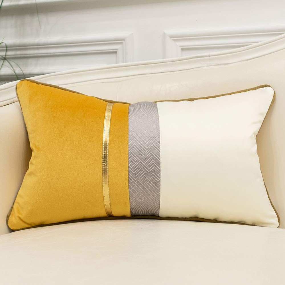 Avigers 12 X 20 Inches Yellow White Gold Leather Striped Patchwork Velvet Cushion Case Luxury Modern Throw Pillow Cover Decorati