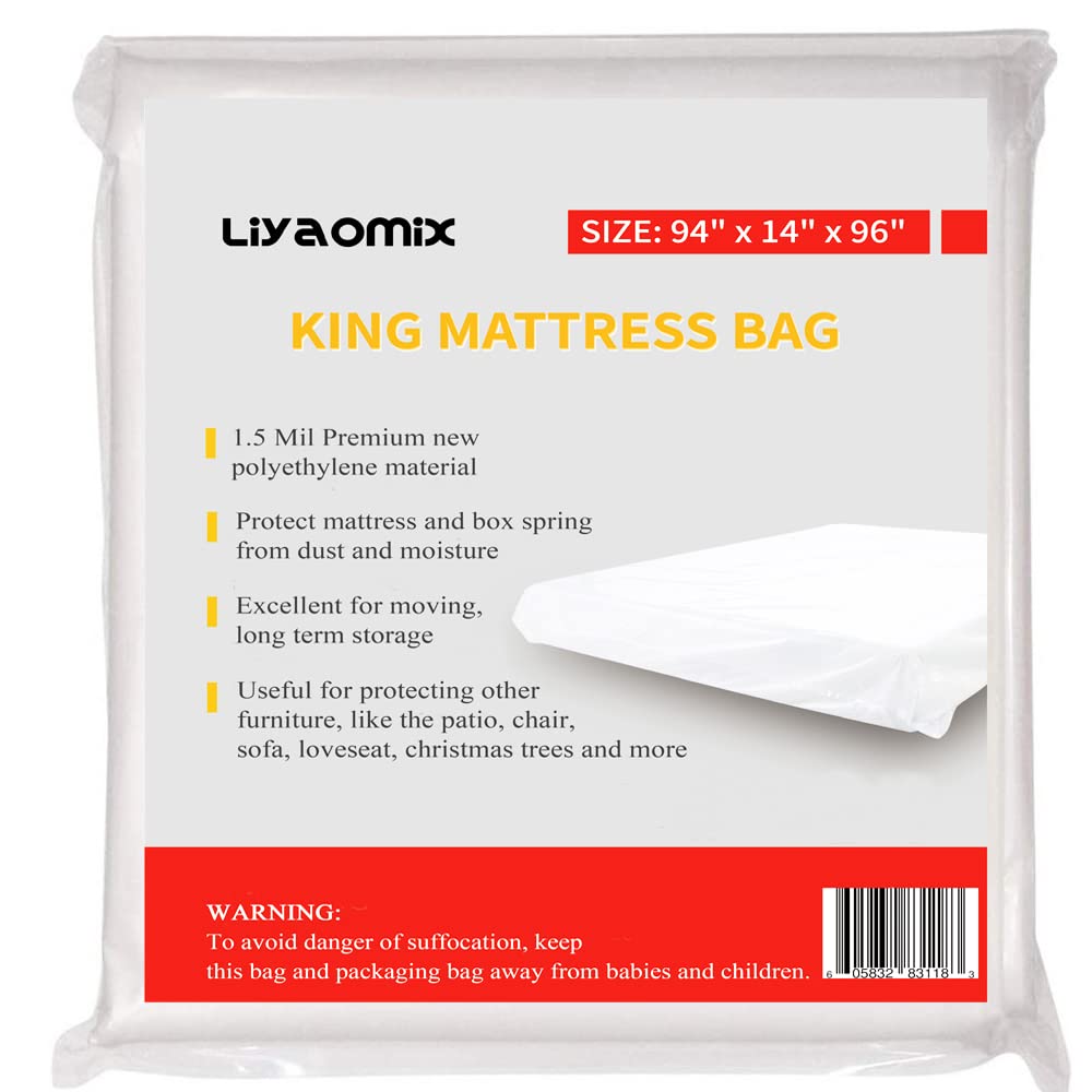 Liyaomix King/California King Mattress Storage Bag, 1.5 Mil 94 ' X 96 ' Clear Plastic Mattress Disposal Bag Cover