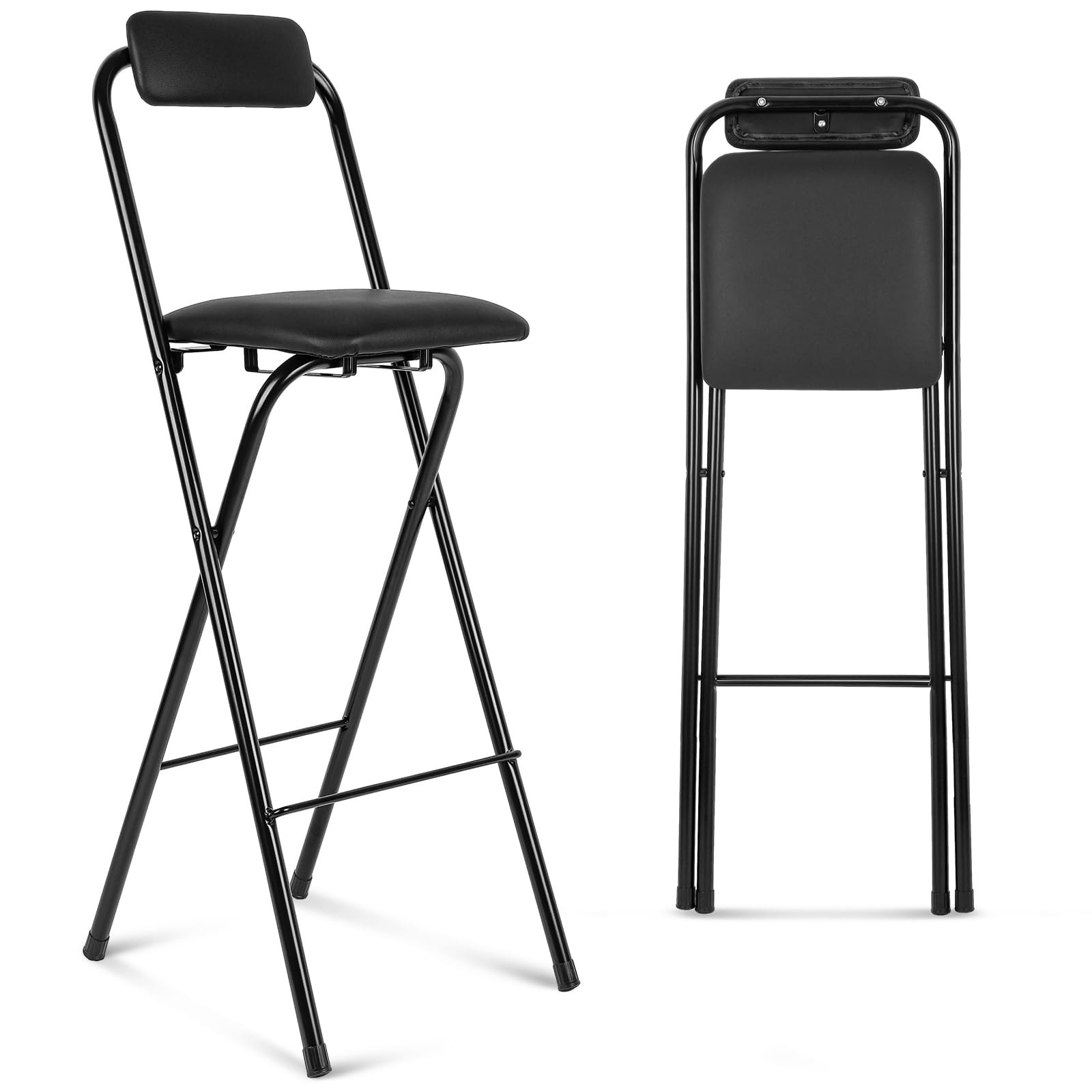Thyle 1 Pcs Folding Bar Stool With Backrest, Tall Foldable Stool Chair Portable High Folding Bar Chair Counter Height Seat Leather Padded For Kitchen Island Shop Cafe Dining Room Black (29.5 Inch)
