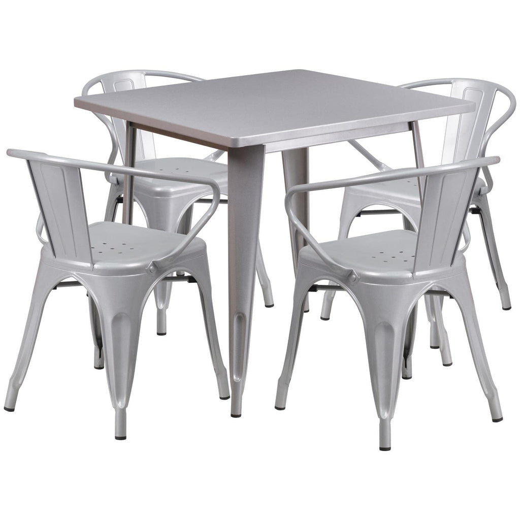 Flash Furniture Commercial Grade 31.5" Square Silver Metal Indoor-Outdoor Table Set with 4 Arm Chairs