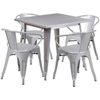 Flash Furniture Commercial Grade 31.5" Square Silver Metal Indoor-Outdoor Table Set with 4 Arm Chairs