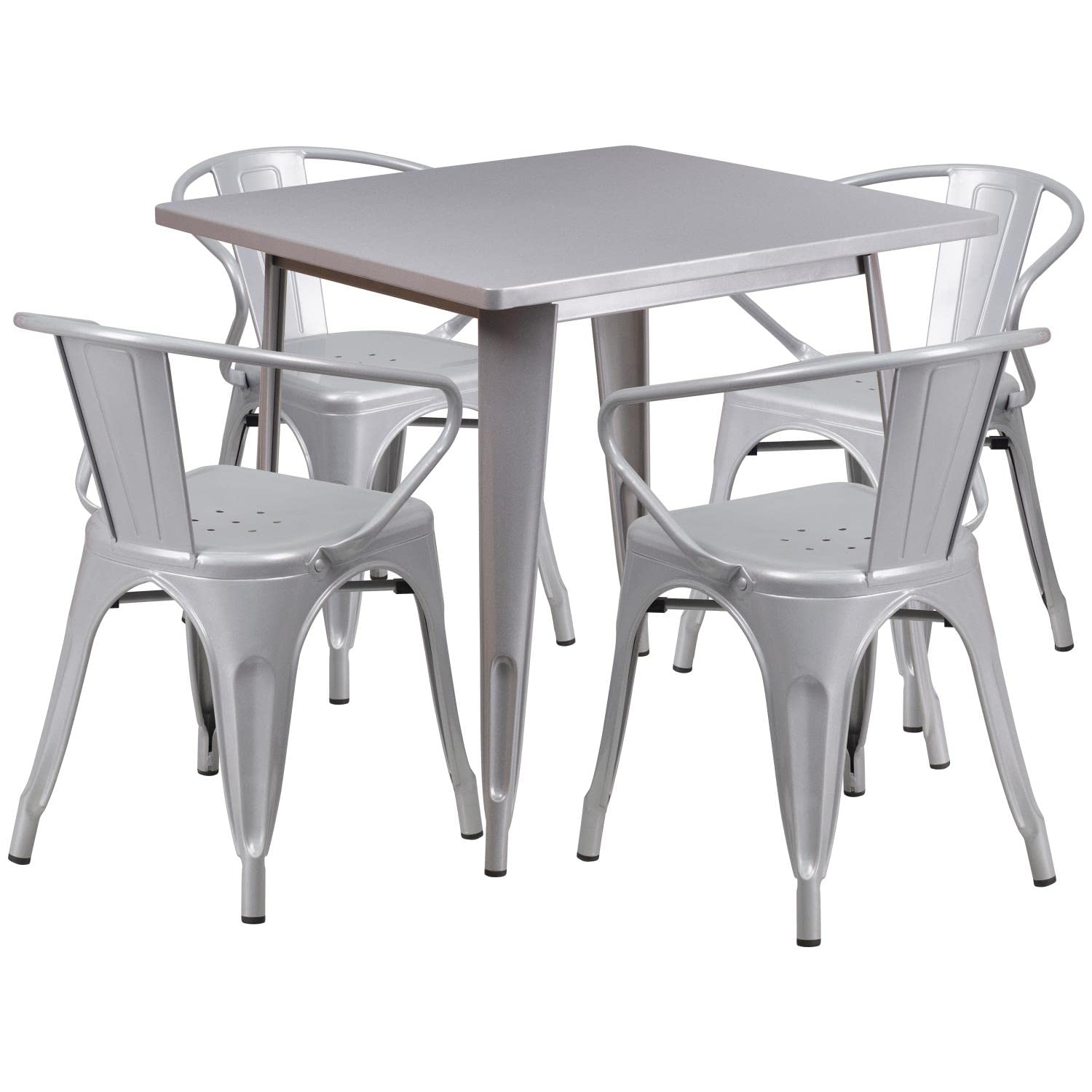 Flash Furniture Commercial Grade 31.5" Square Silver Metal Indoor-Outdoor Table Set with 4 Arm Chairs