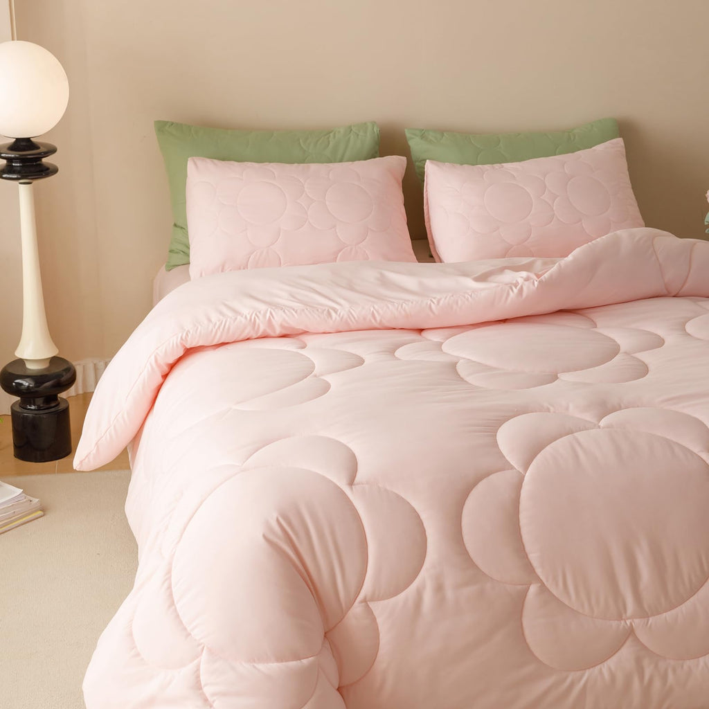 Clothknow Pink Floral Twin Comforter Set 3Pcs Daisy Puff Bedding Comforter Sets Boho Comforter Twin Soft Pink Comforter Sets Twin Blush Floral Comforter