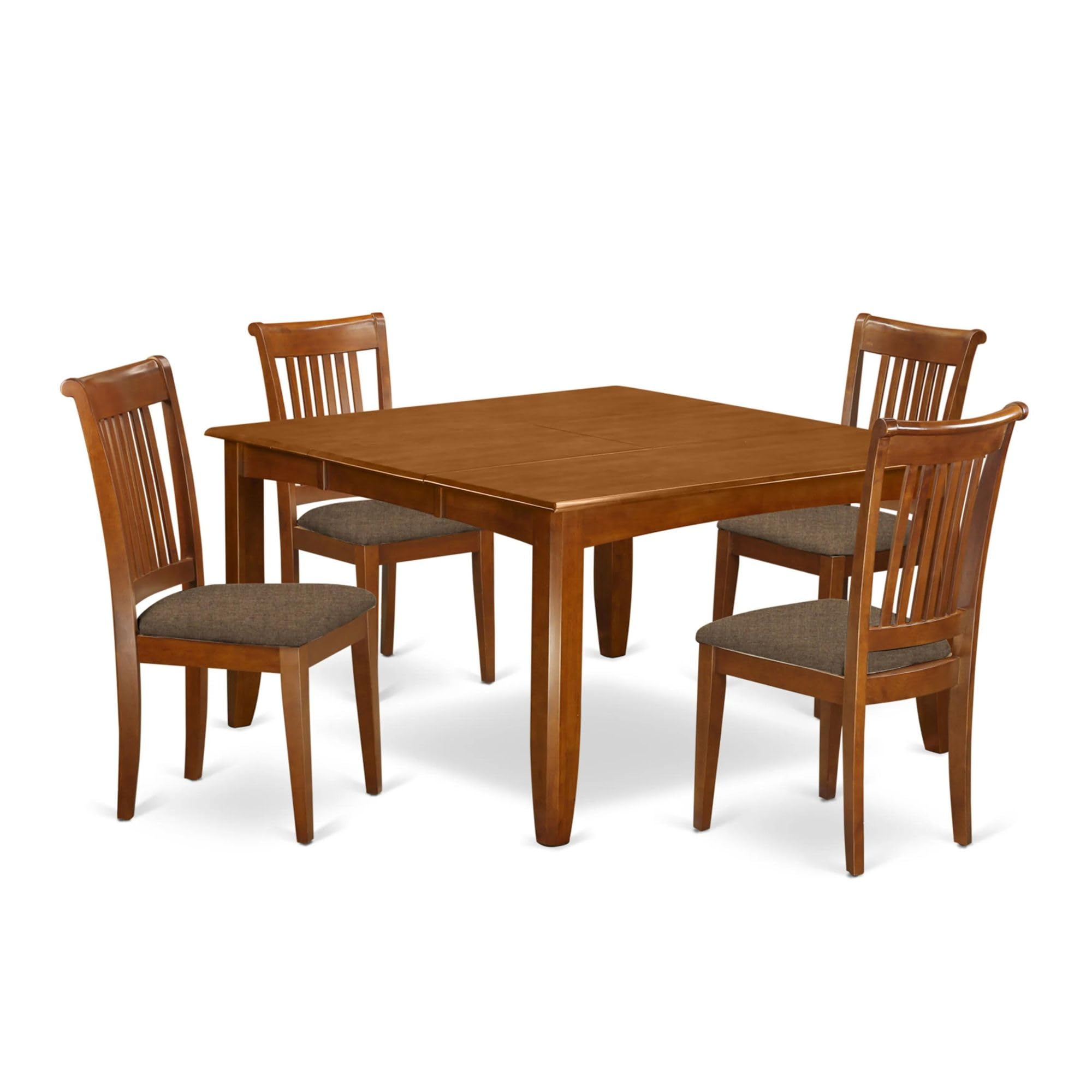 East West Furniture PFPO5-SBR-C 5 Piece Kitchen Table Set for 4 Includes a Square Dining Room Table with Butterfly Leaf and 4 Linen Fabric Upholstered Chairs, 54x54 Inch, Saddle Brown