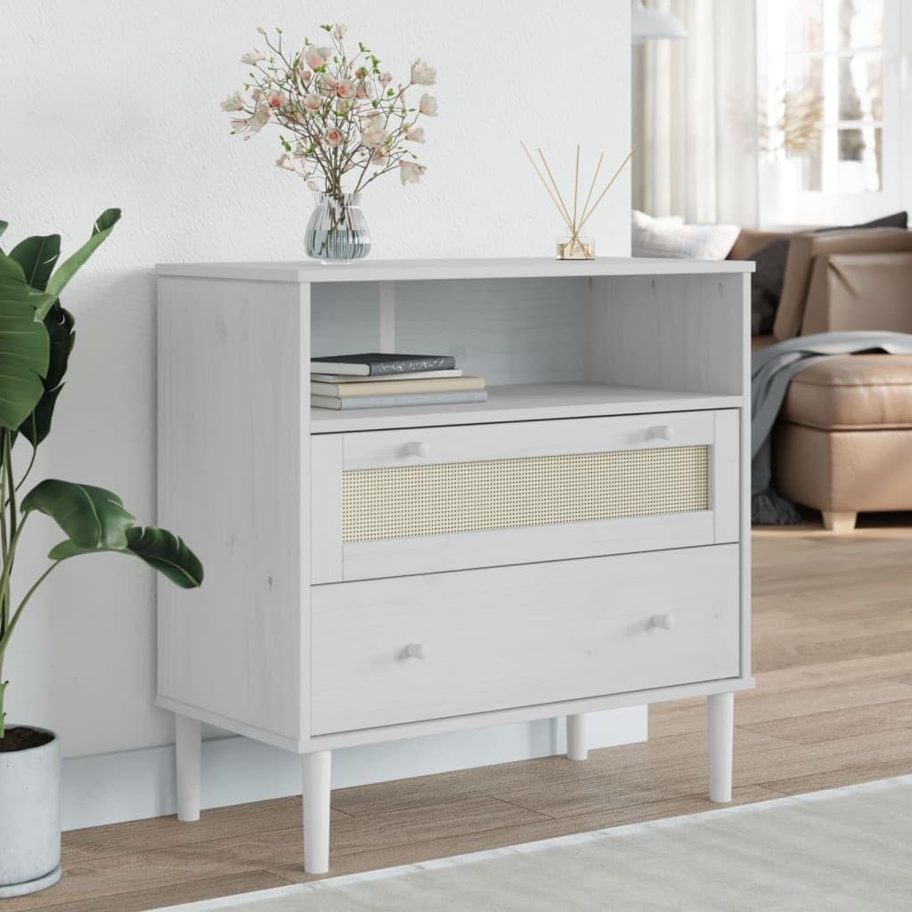 vidaXL Solid Pine Wood Sideboard with Rattan Surface and UV Varnished Finish - White, Ample Storage Space, Sturdy Construction.