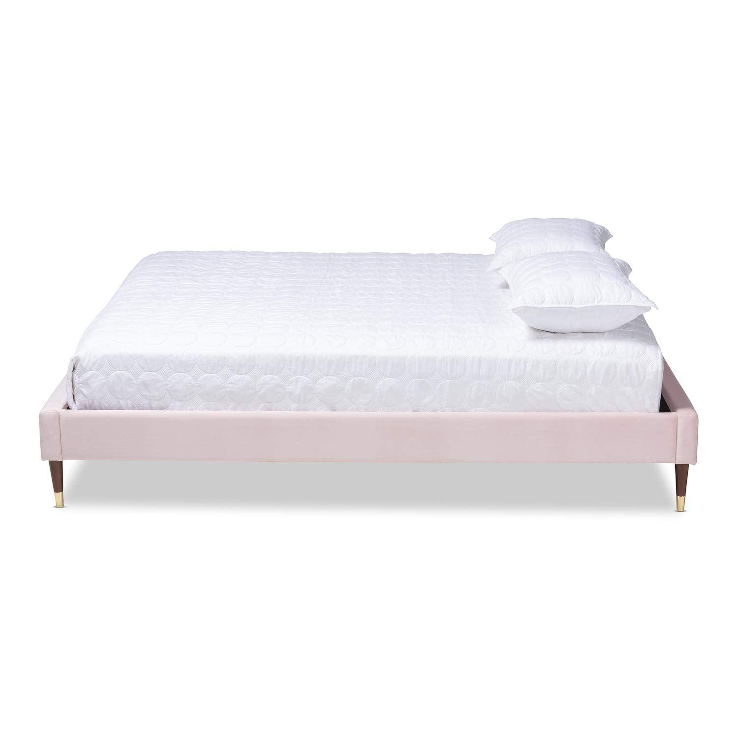 Baxton Studio Volden Glam and Luxe Light Pink Velvet Fabric Upholstered Full Size Wood Platform Bed Frame with Gold-Tone Leg Tips