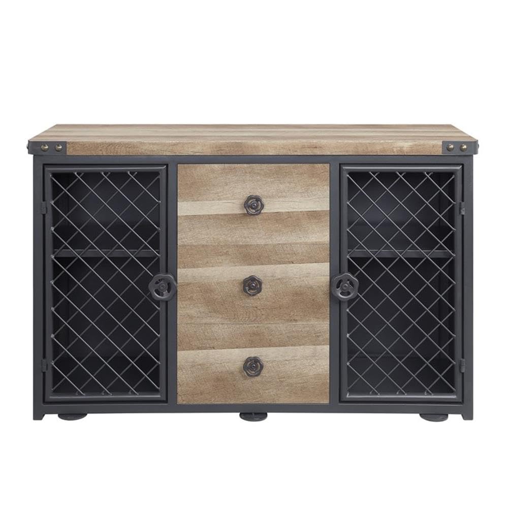 Acme Edina 3-Drawer Wooden Server with Metal Doors in Oak and Sandy Black