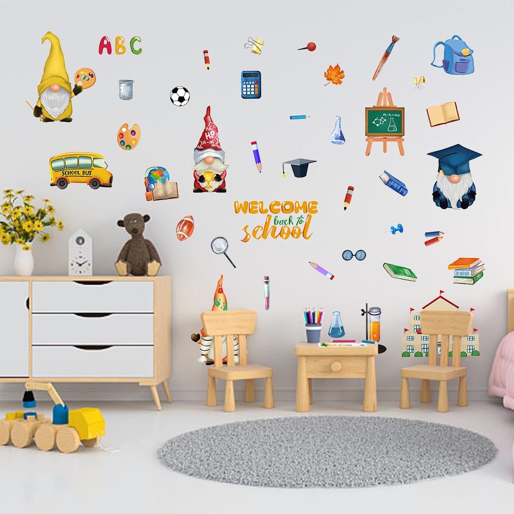 Alibbon Welcome Back To School Wall Stickers For Classroom, Gnome Stickers For Kids, First Day Of School Stickers For Children,