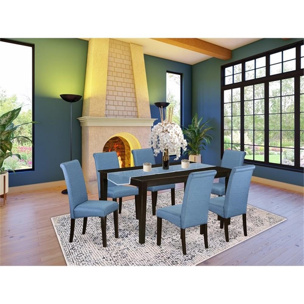 East West Furniture Caba7-Cap-21 7 Piece Dining Room Furniture Set Consist Of A Rectangle Dining Table And 6 Blue Color Linen Fabric Upholstered Parson Chairs, 36X60 Inch, Cappuccino