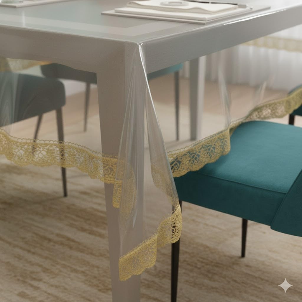 CASANEST Thick PVC Golden lace Waterproof Rectangular Dining Table Cover 1012 Seater 60x120 inches, Transparent trans005(PVC, P