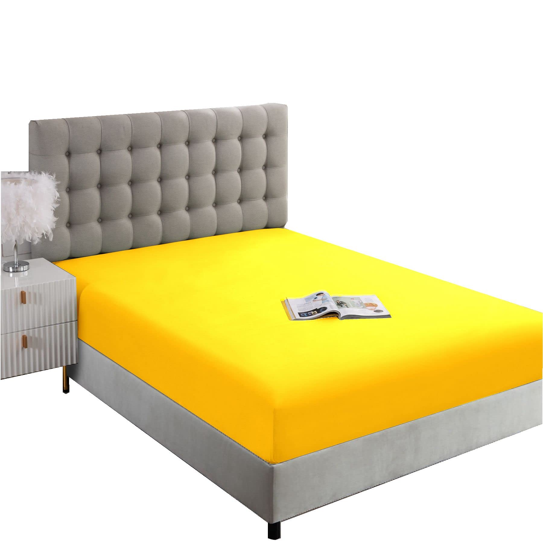 Ghooss Twin Size Fitted Sheet-Single Fitted Deep Pocket Sheet Up To 14 Inch-Wrinkle-Fade-Stain Resistant-1 Pack(Yellow,Twin)