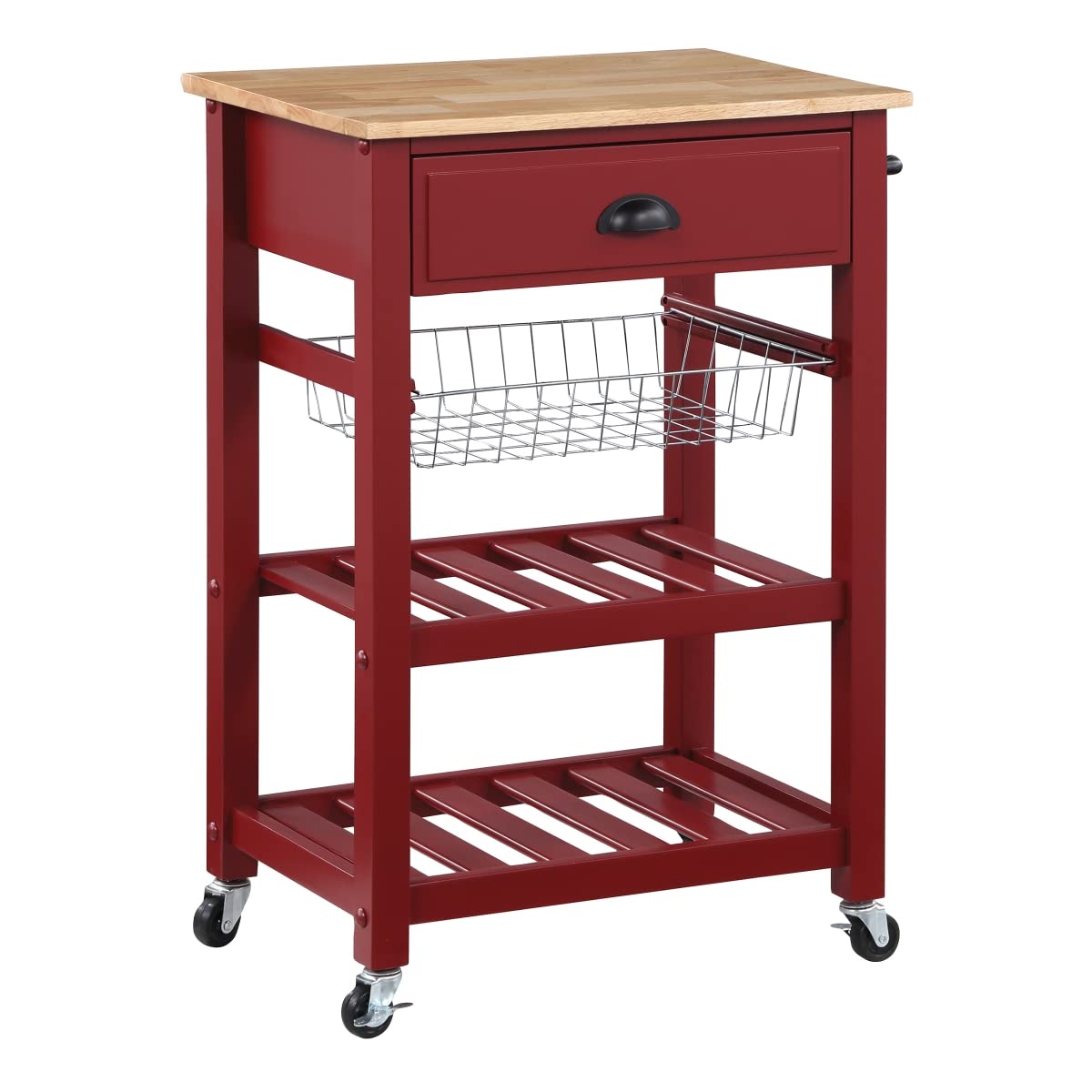 OS Home and Office Furniture Model HMPNW-9 Hampton Kitchen Cart in Red with Solid Rubberwood Top