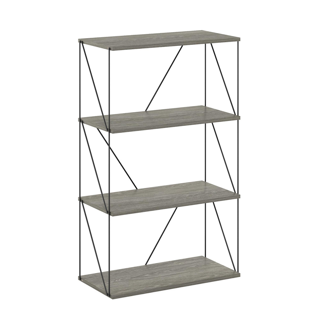 Furinno Rata 4-Tier Industrial Multipurpose Flat Base Shelf Display Rack with Metal Frame, French Oak Grey