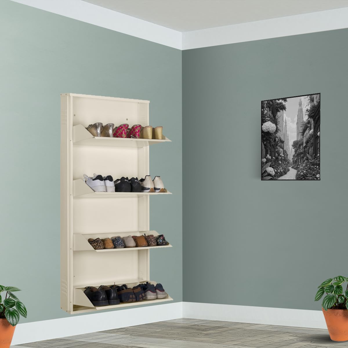 Delite Kom 24 Inch Wide, 4 Shelf Metal Shoe Rack Wall Mounted For Home With Central Lock | Holds Upto 12 Shoes Or 20 Slippers Pa