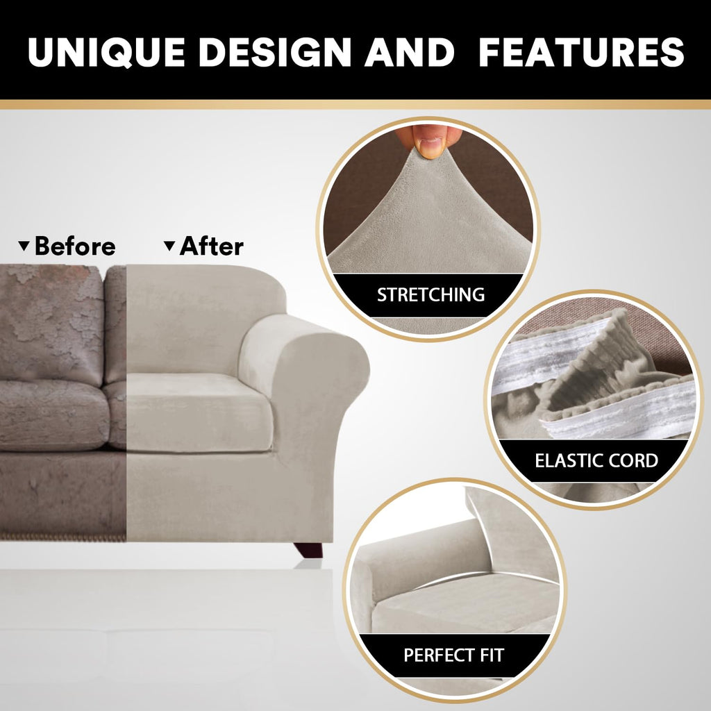 Princedeco Couch Cover Velvet Sofa Cover 4 Pieces Couch Covers For 3 Cushion Couch Sofa Pet Friendly Sofa Covers Washable Couch Covers With Non Slip Elastic Bottom(Large, Oatmeal)
