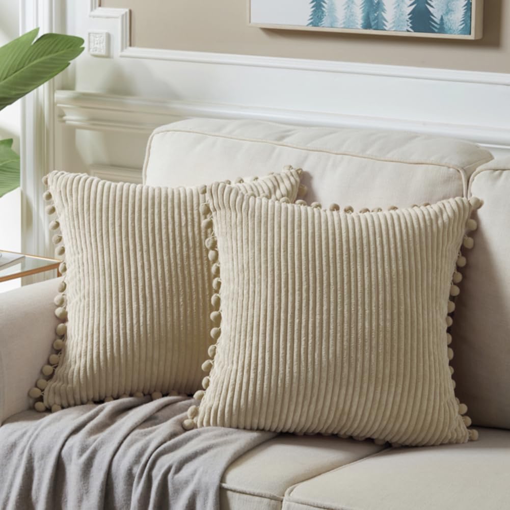 Fancy Homi 24X24 Pillow Covers, Pack Of 2 Tan Throw Pillow Covers With Pom-Poms, Super Soft Corduroy Square Solid Cushion Cover