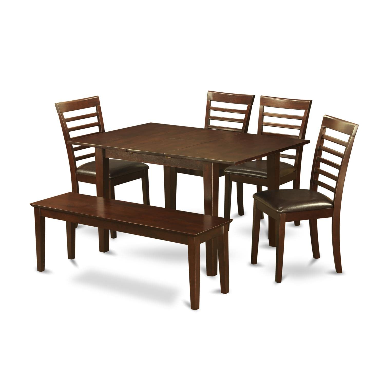 East West Furniture MILA6D-MAH-LC Milan 6 Piece Set Contains a Rectangle Dining Room Table with Butterfly Leaf and 4 Faux Leather Upholstered Chairs with a Bench, 36x54 Inch